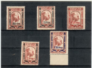 1938. Tipos de 1931 con sobrecarga. Sin fijasellos. Edifil nº 782/86.