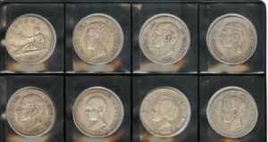 1870-1899. Serie de los 8 tipos diferentes de duros de plata de España. Diversas conservaciones.