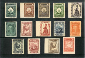 1931. Montserrat. Serie completa sin dentar. Sin fijasellos a excepción del sello de correo urgente. Lujo. Certificado Graus. Edifil nº 636/649s.