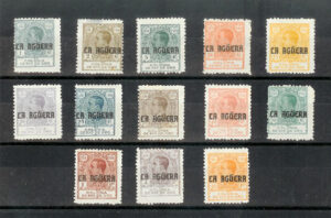 1920. Sellos de Rio de Oro con sobrecarga. Numeración ceros. Muestra. Bonita serie sin goma. Edifil nº1N/13N.