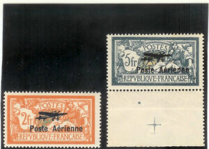 1927. Primer Salön Internacional de la Aviación. Preciosa serie sin fijasellos. Muy bien centrados. 5 Francos borde de hoja. Lujo. Yvert nº A1/2