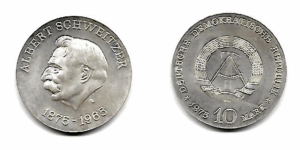 Alemania Oriental. 1975. 10 DM. Albert Schweitzer. SC.