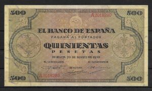1938. 500 pesetas. serie A. Esquinas rozadas. Doblez central. EBC-