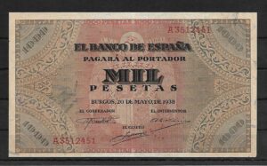 1938. 1000 pesetas. serie A. Leve doblez central. Esquina inferior doblada. EBC-