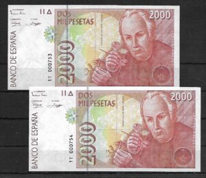 1995. 2000 ptas. Pareja correlativa serie 1T. SC.